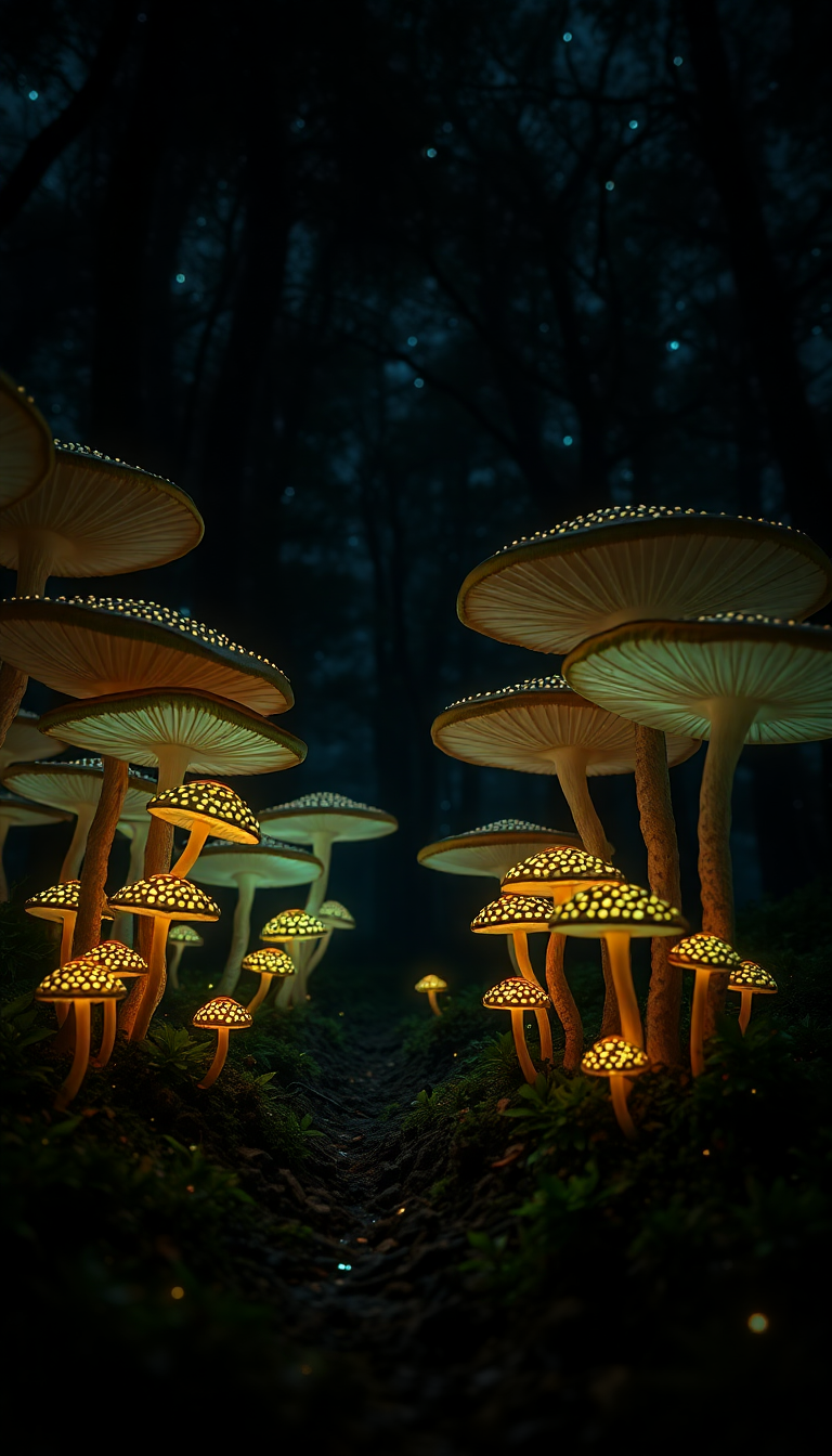 Bioluminescent Mushroom Forest At Night Photorealistic Wallpaper