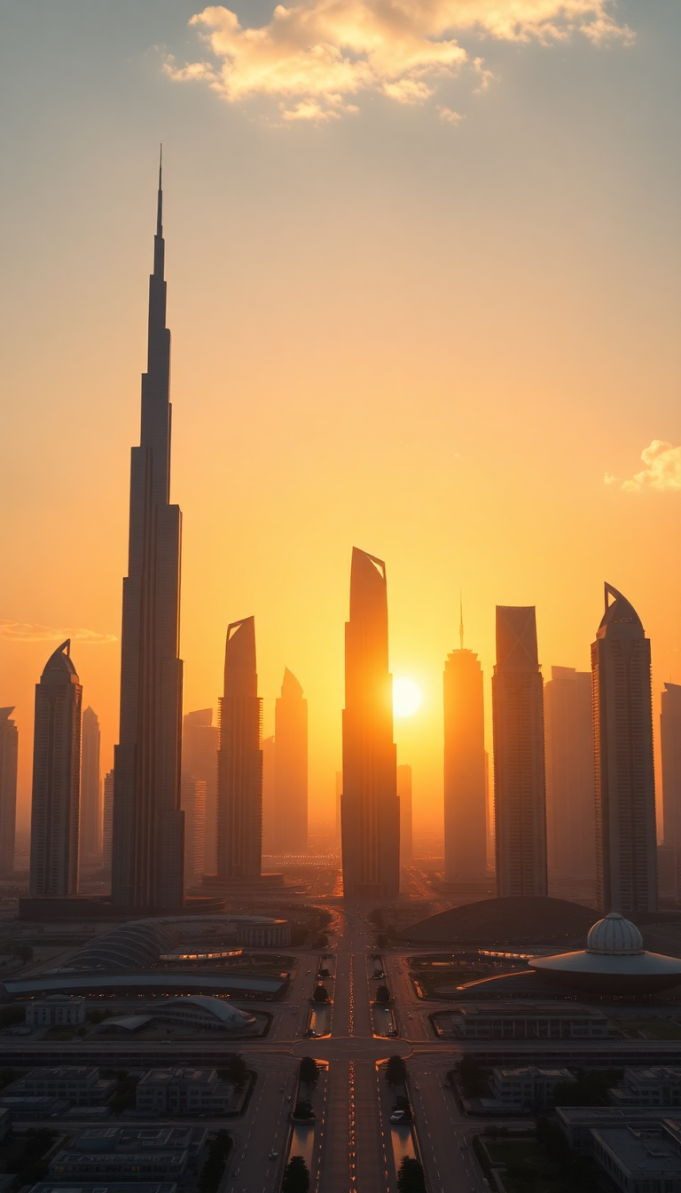 Dubai Skyline Futuristic Towers Sunset Photorealistic Wallpaper
