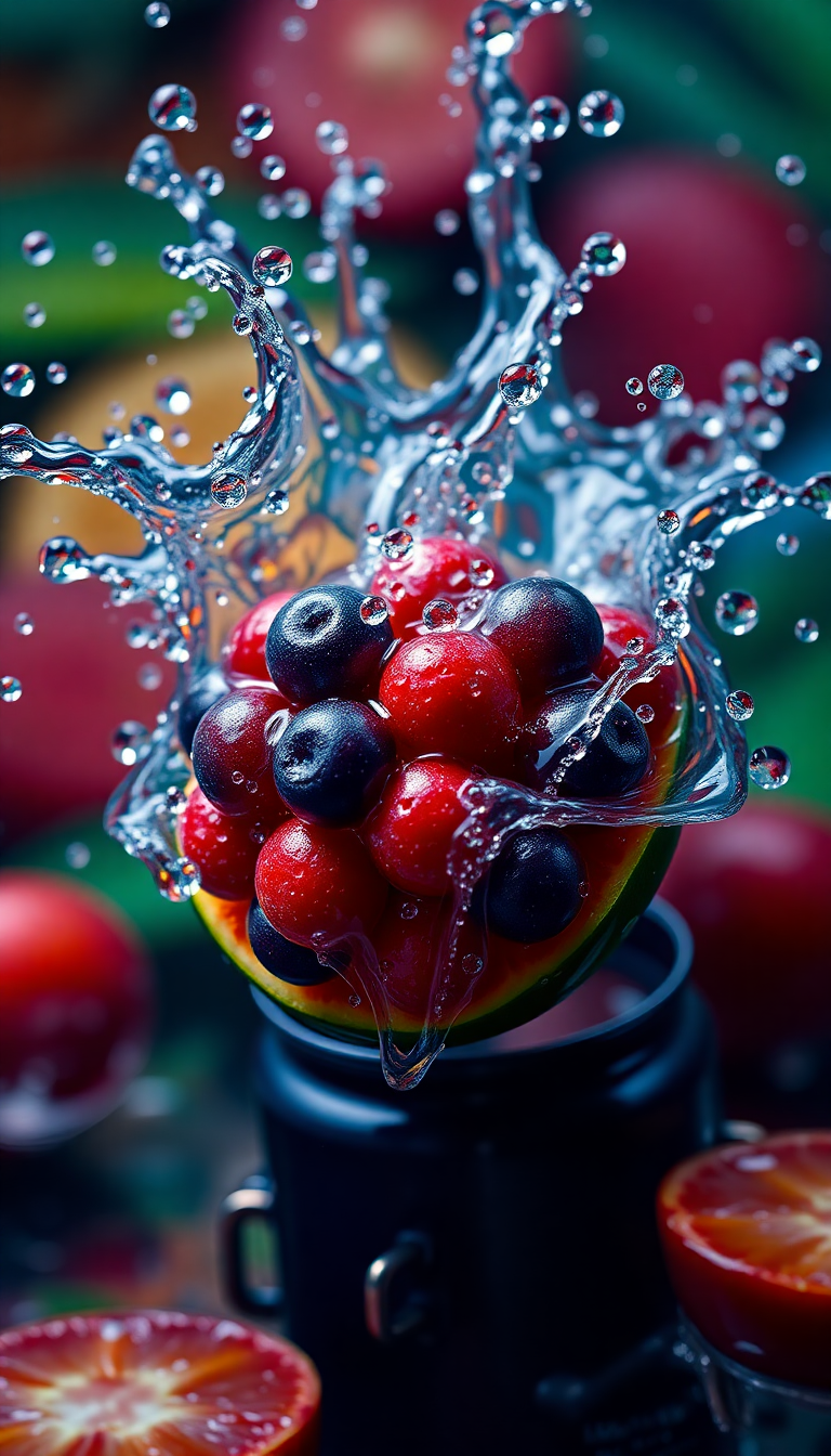 Tropical Fruit Splash Water Droplets Photorealistic Wallpaper