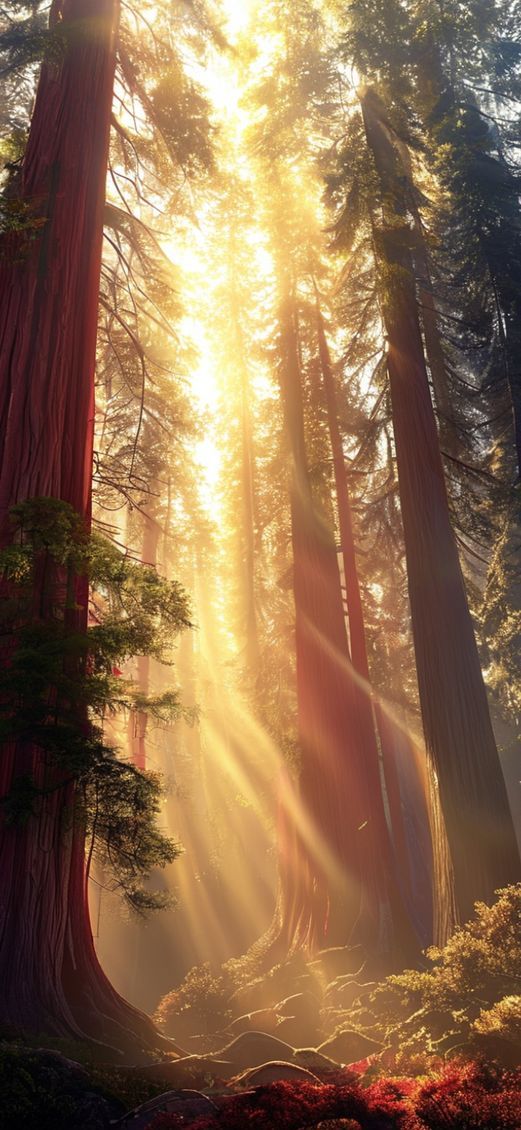 Giant Redwood Trees Morning Fog Photorealistic Wallpaper