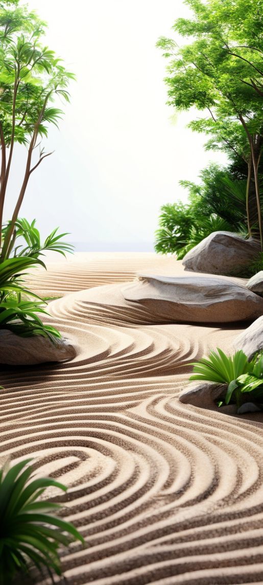 Zen Rock Garden Raked Sand Photorealistic Wallpaper