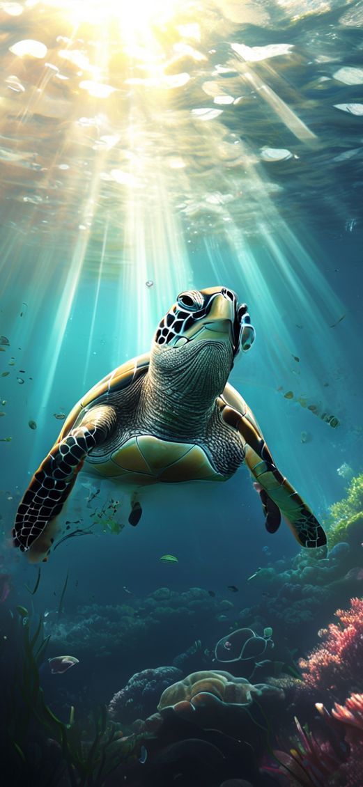 Sea Turtle Swimming Sunbeams Underwater Photorealistic Wallpaper