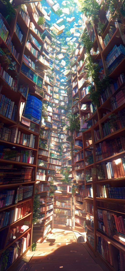 Magical Library Infinite Bookshelves Floating Anime Wallpaper
