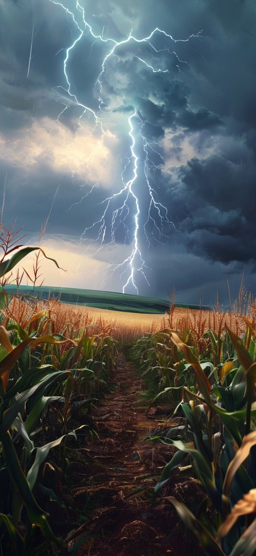 Summer Thunderstorm Lightning Over Cornfield Photorealistic Wallpaper