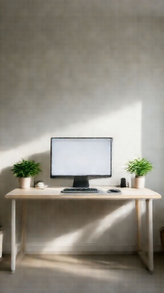 Minimalist Desk Setup Plants Morning Photorealistic Wallpaper