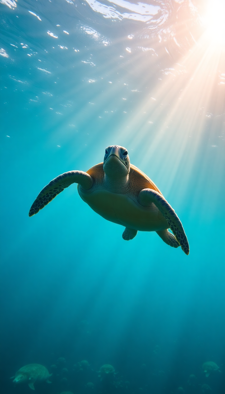 Sea Turtle Swimming Sunbeams Underwater Photorealistic Wallpaper