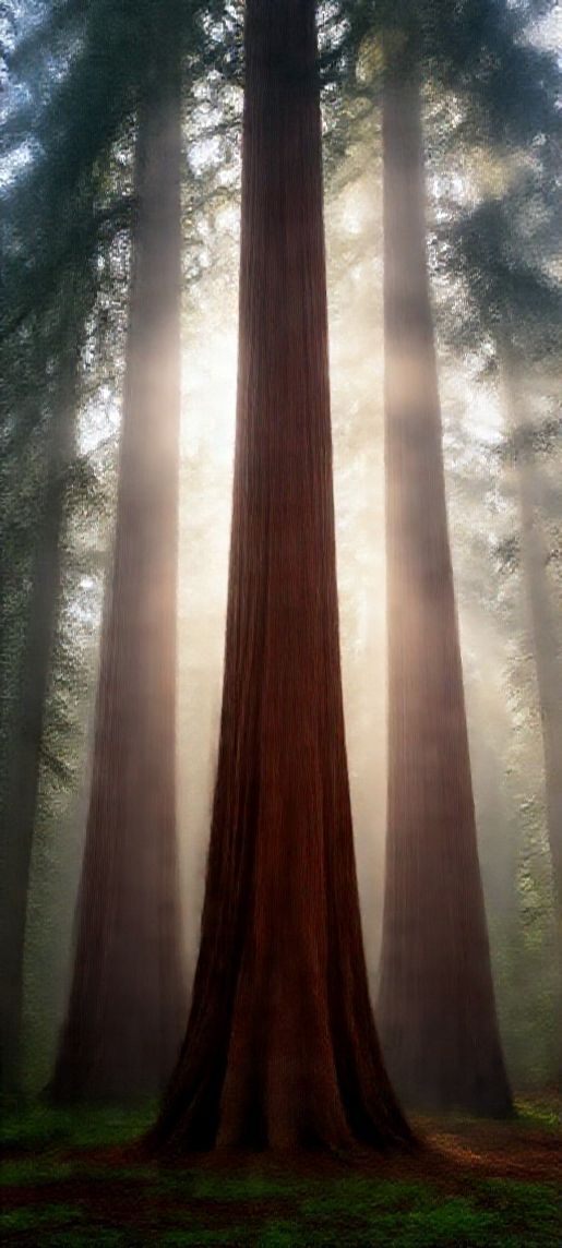 Giant Redwood Trees Morning Fog Photorealistic Wallpaper