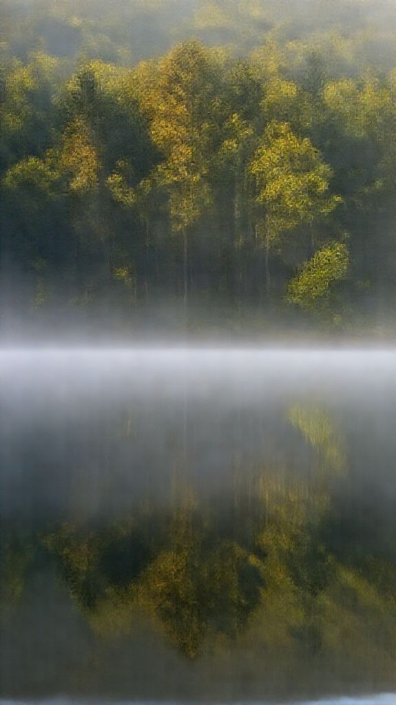 Morning Mist Over Still Lake Photorealistic Wallpaper
