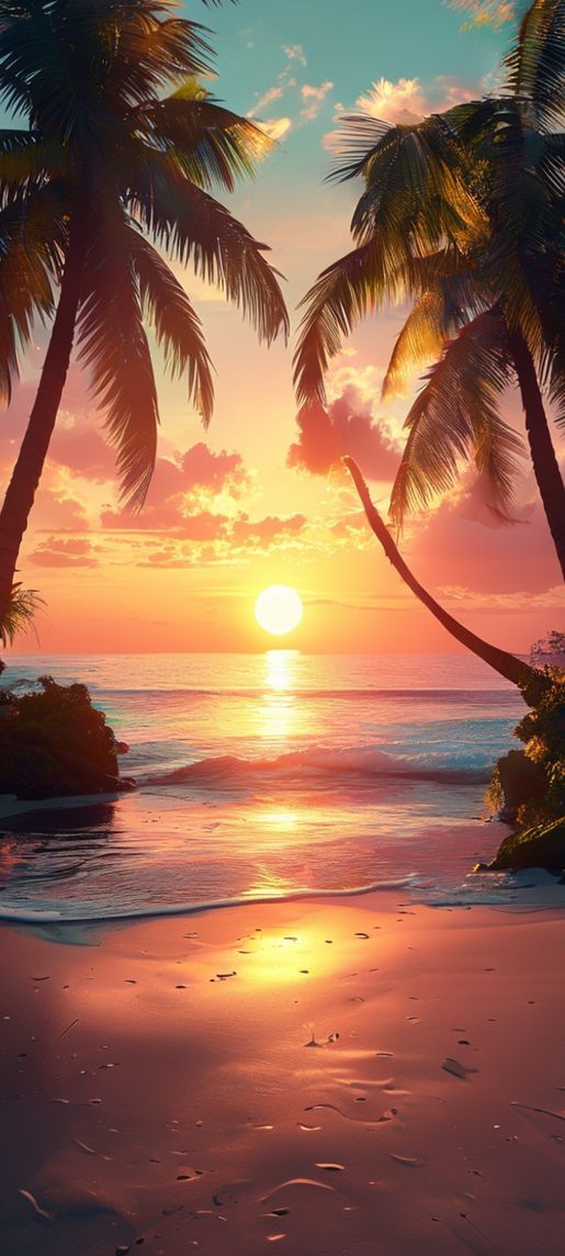 Summer Sunset Beach Silhouette Palm Photorealistic Wallpaper