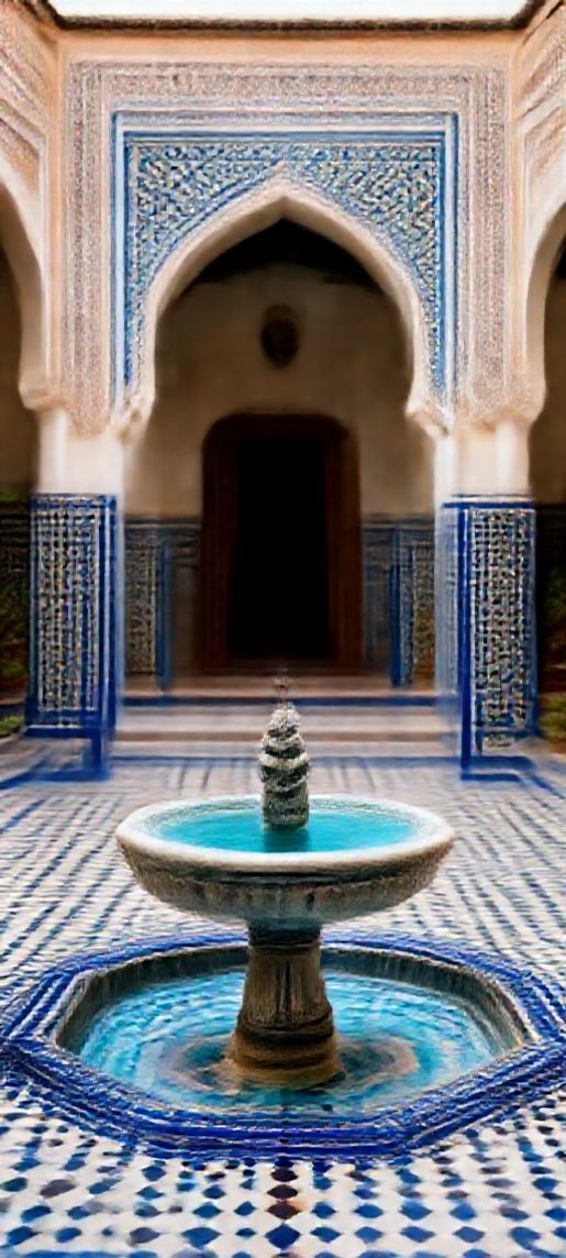 Moroccan Courtyard Tiles Fountain Mosaic Photorealistic Wallpaper