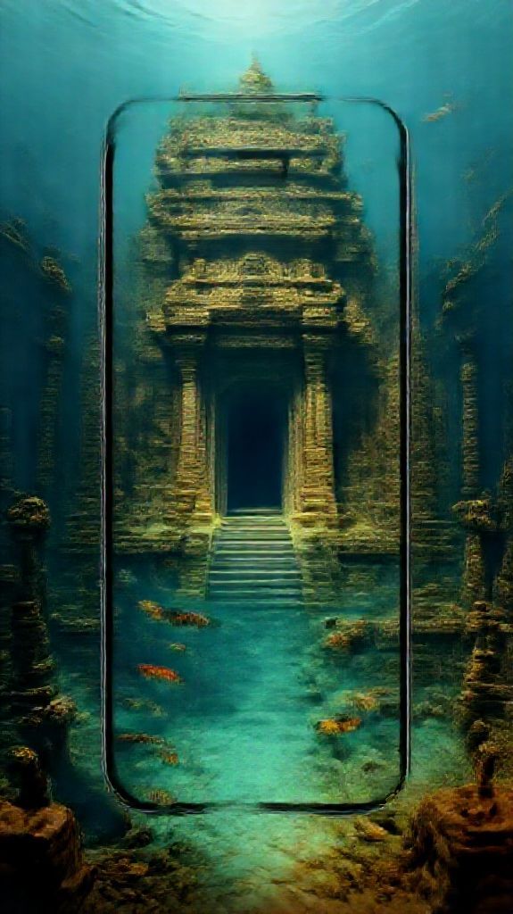 Sunken Ancient Temple Fish Swimming Digital art Wallpaper