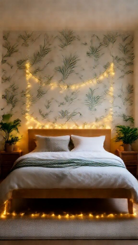 Indie Bedroom Fairy Lights Plants Photorealistic Wallpaper