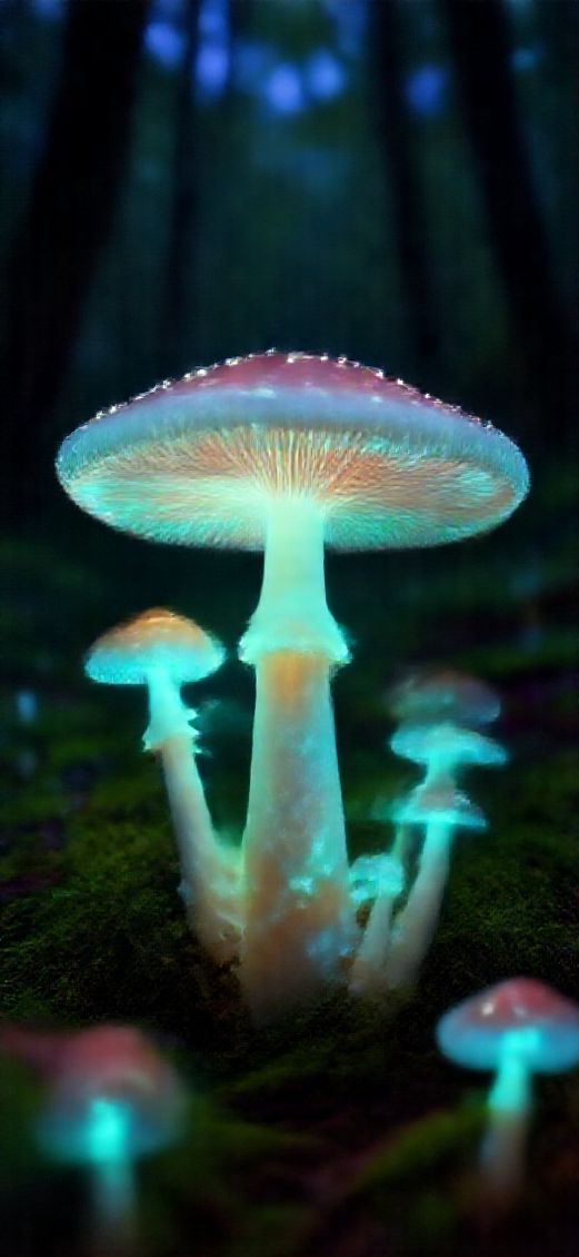 Bioluminescent Mushroom Forest At Night Photorealistic Wallpaper