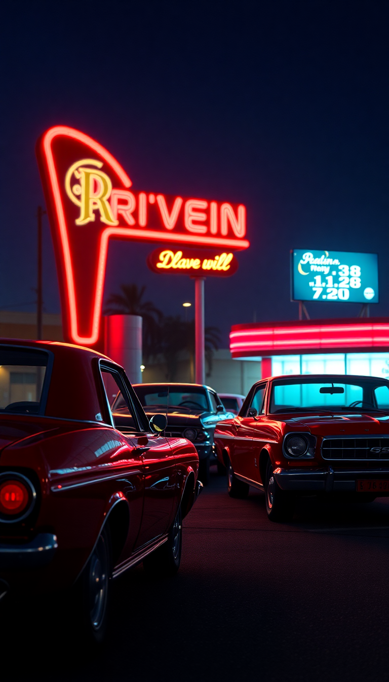 Drive-in Movie Theater Night Classic Photorealistic Wallpaper