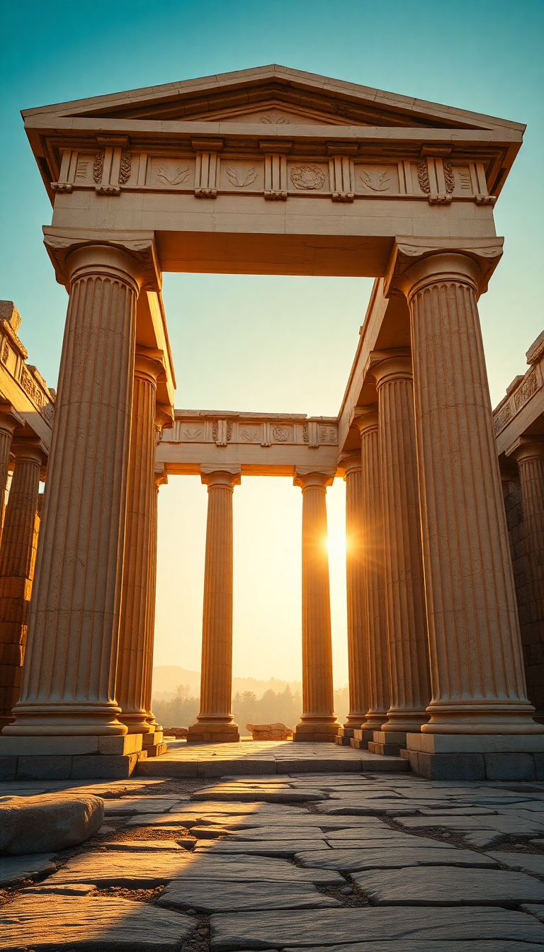 Ancient Greek Temple Ruins Golden Photorealistic Wallpaper