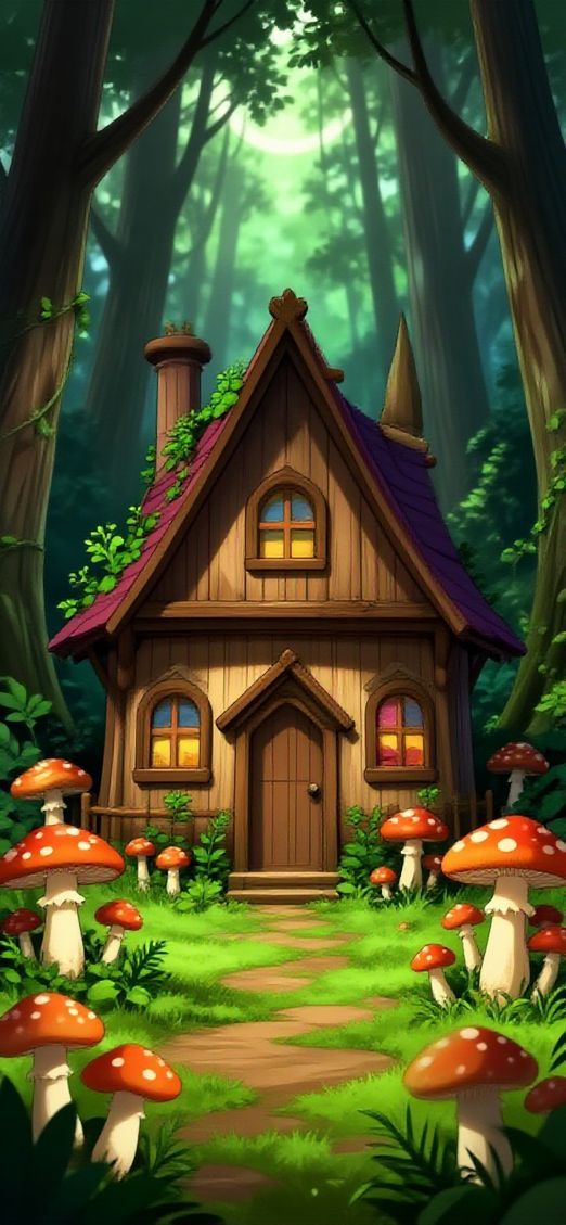 Witch Cottage In Forest Mushrooms Anime Wallpaper