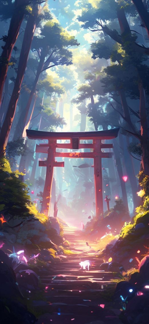Spirit Forest Glowing Creatures Torii Anime Wallpaper