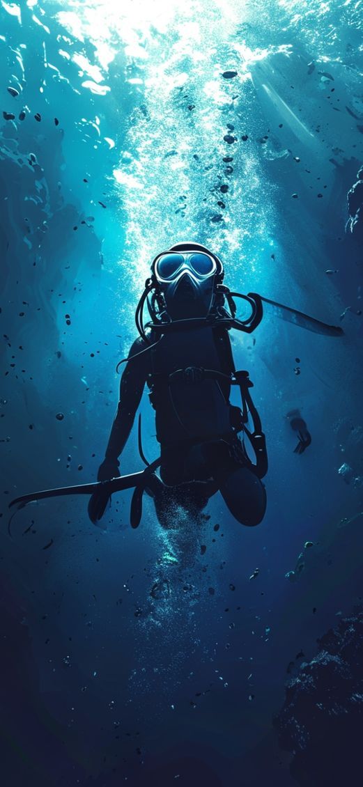 Freediver Descending Into Deep Blue Photorealistic Wallpaper
