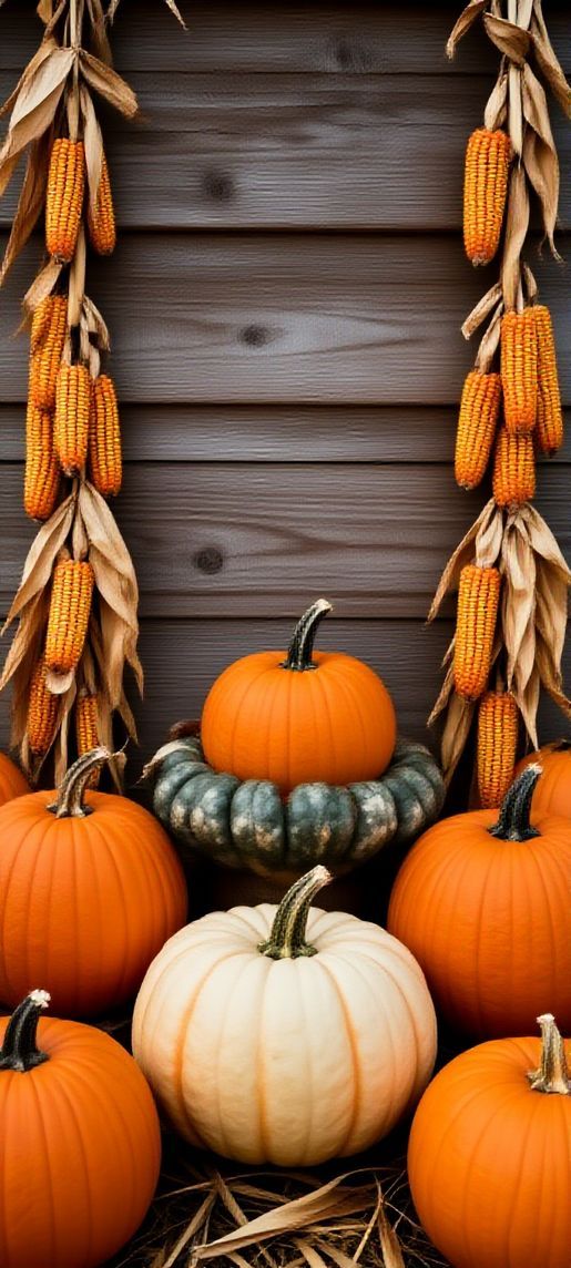 Autumn Harvest Pumpkins Corn Farm Photorealistic Wallpaper