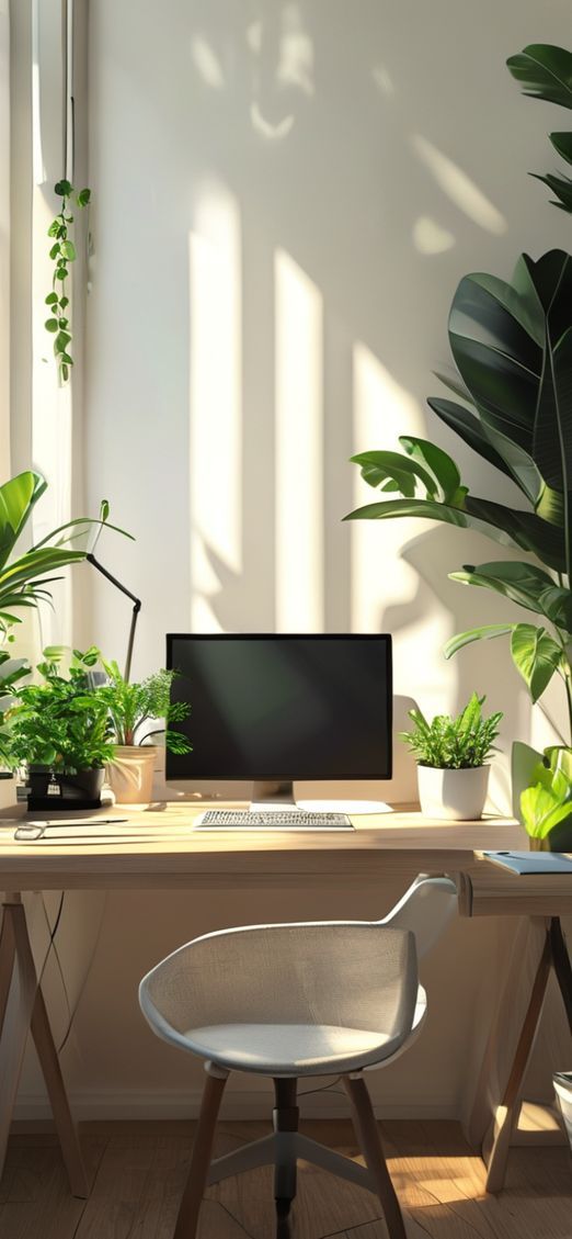 Minimalist Desk Setup Plants Morning Photorealistic Wallpaper
