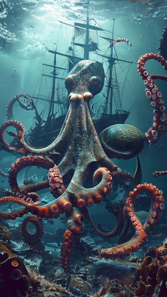 Giant Octopus Shipwreck Deep Ocean Digital art Wallpaper