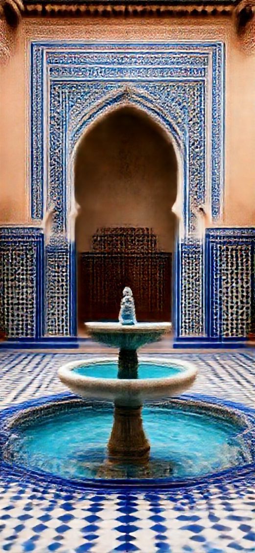 Moroccan Courtyard Tiles Fountain Mosaic Patterns Photorealistic Super Wallpaper