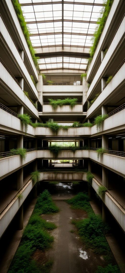 Abandoned Shopping Mall Nature Reclaiming Overgrown Photorealistic Pro Wallpaper