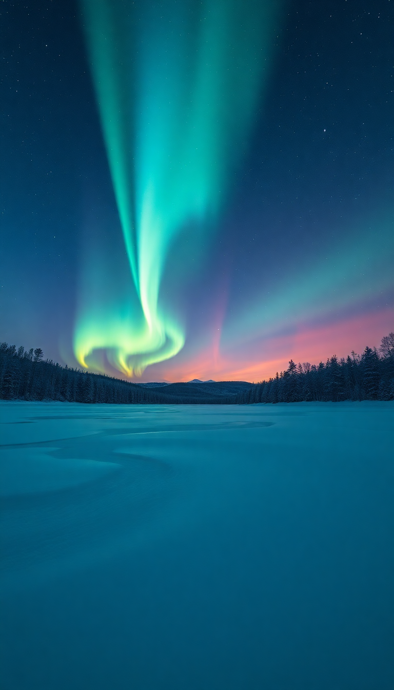 Dramatic Winter Northern Lights Over Frozen Wallpaper