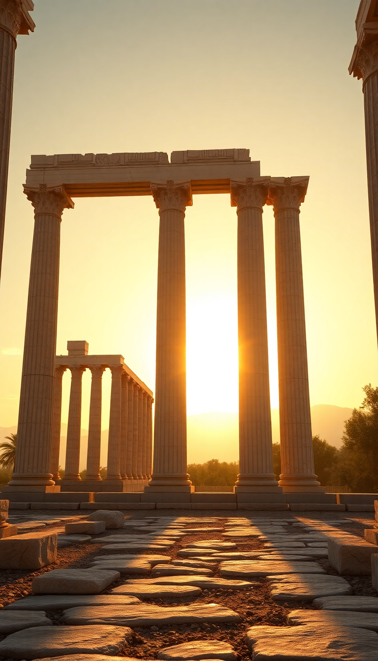 Epic Ancient Temple Golden Columns Photorealistic Wallpaper