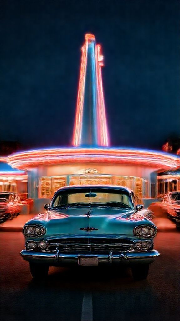 Drive-in Movie Theater Night Classic Cars Photorealistic Modern Wallpaper