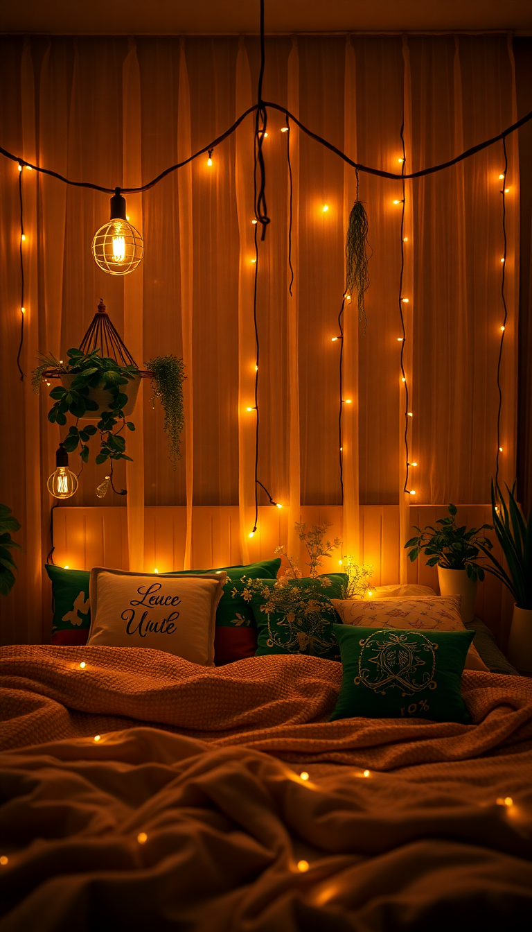 Indie Bedroom Fairy Lights Plants Cozy Photorealistic 4K Wallpaper