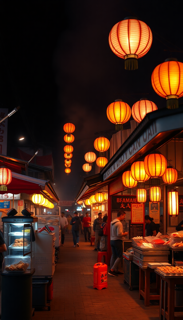 Sharp Stalls Food Street Market Photorealistic Wallpaper