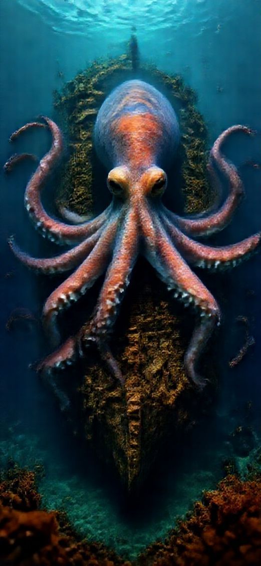 Primal Octopus Shipwreck Deep Ocean Digital art Wallpaper