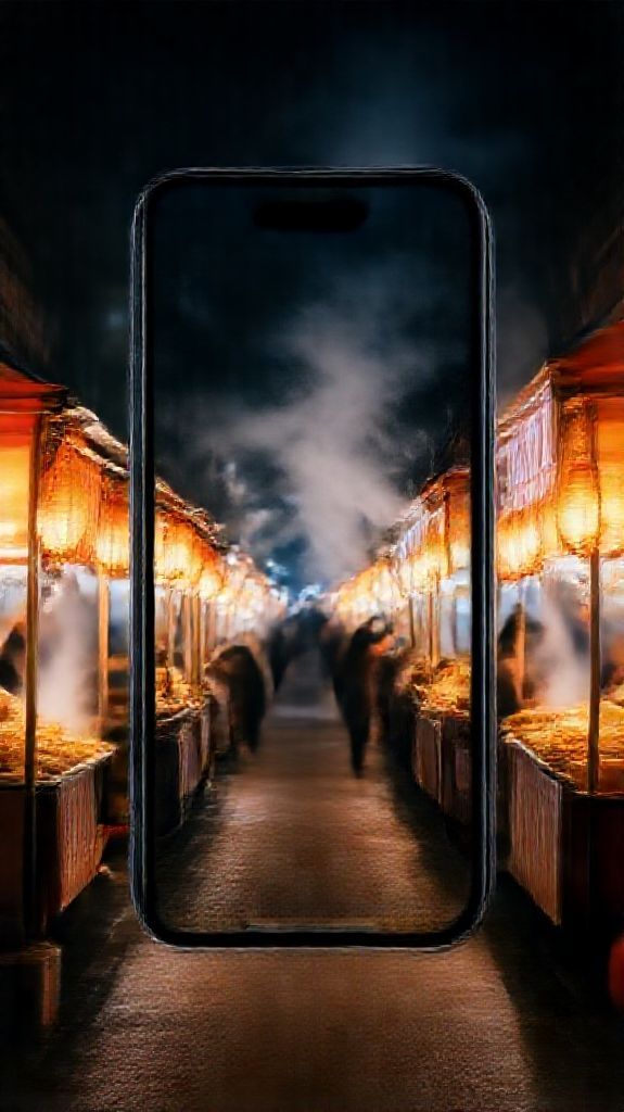 Misty Street Food Stalls Steam Lanterns Wallpaper