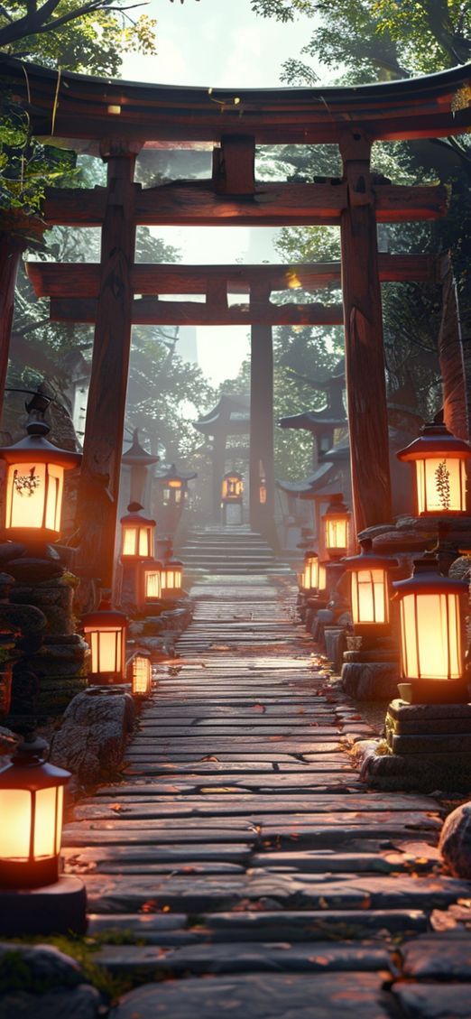 Sacred Japanese Gate Path Lanterns Photorealistic Wallpaper