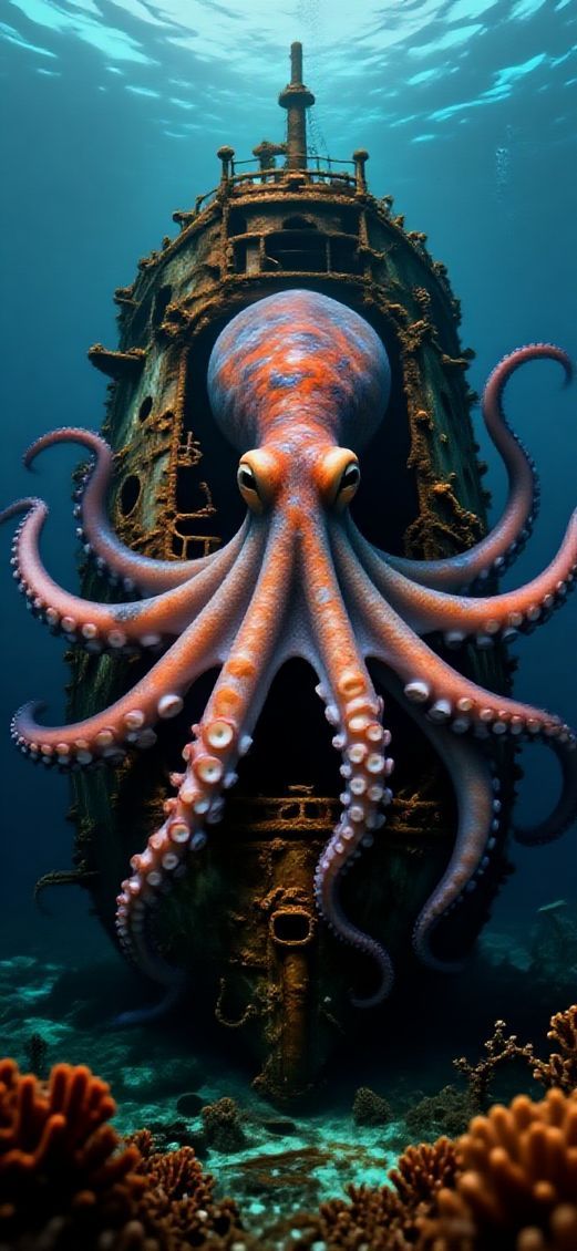 Giant Octopus Shipwreck Deep Ocean Dramatic Digital art New Wallpaper