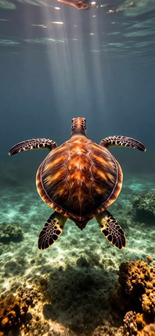 Baroque Sea Turtle Swimming Sunbeams Underwater Wallpaper
