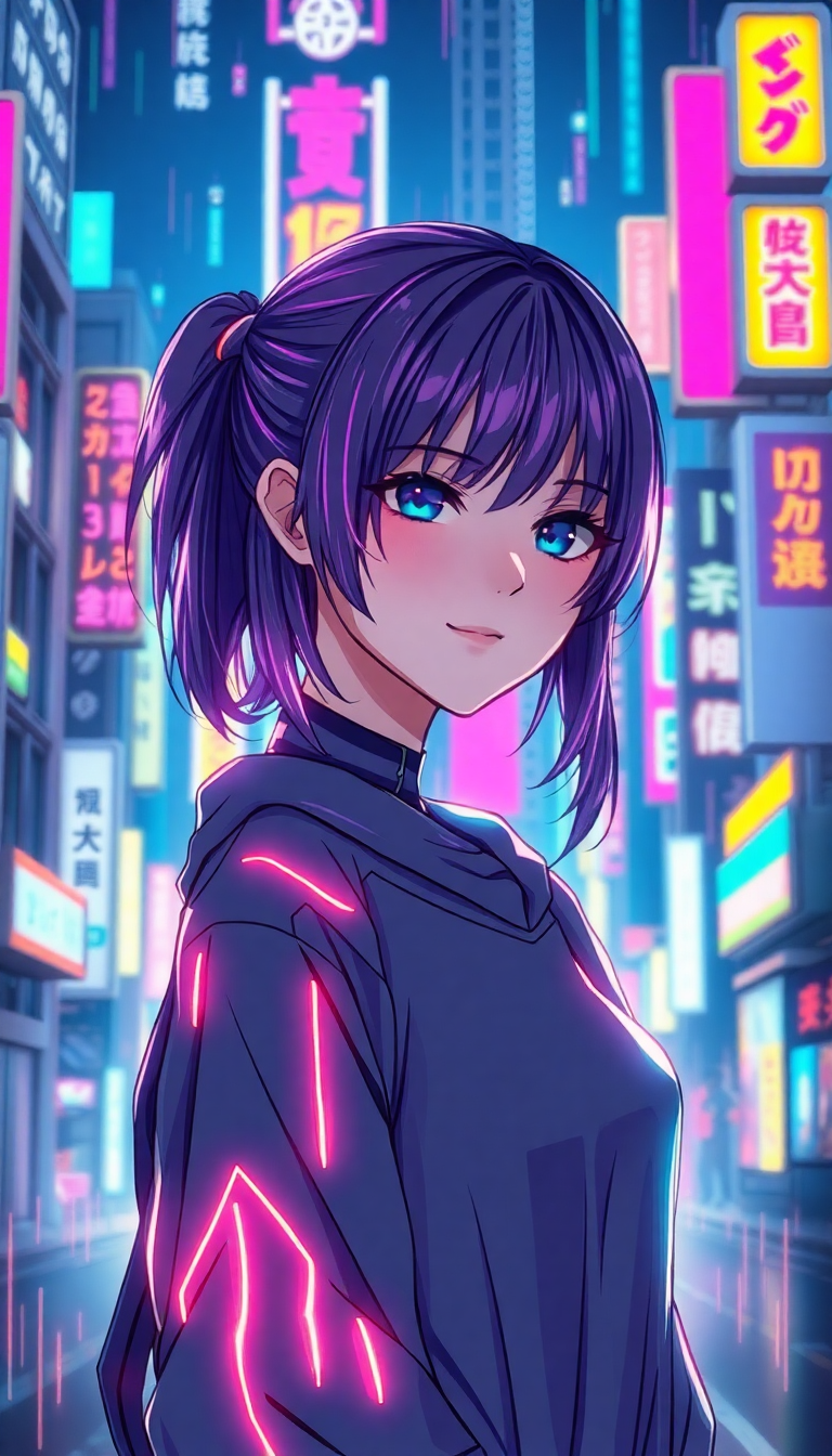 Deep Girl Neon City Holographic Wallpaper