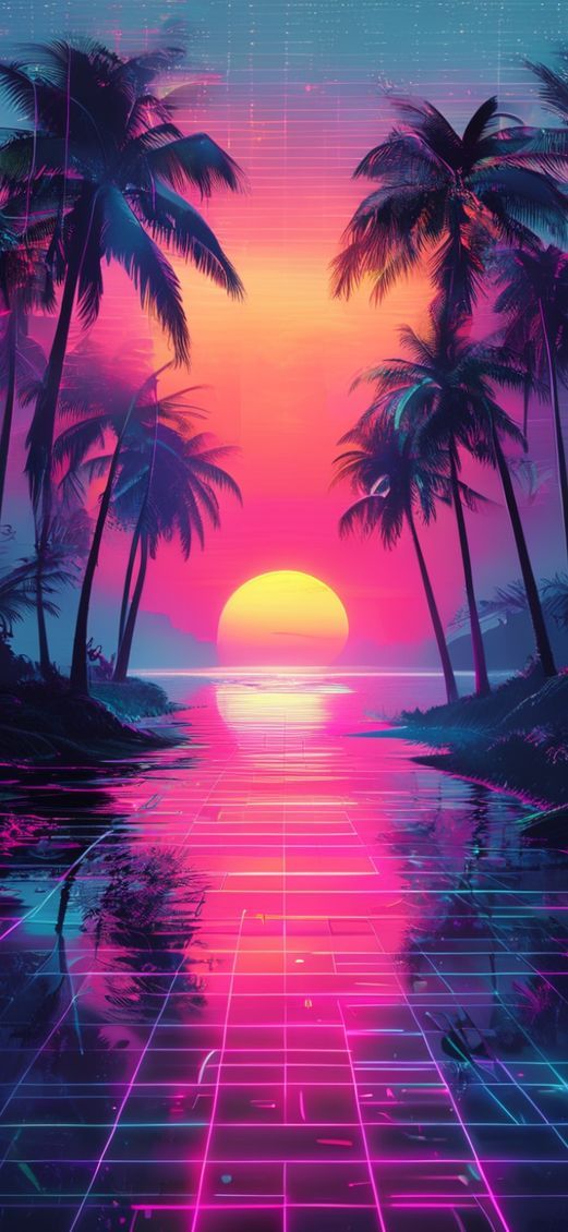 Sunset Palm Trees Neon Cyberpunk Special Wallpaper
