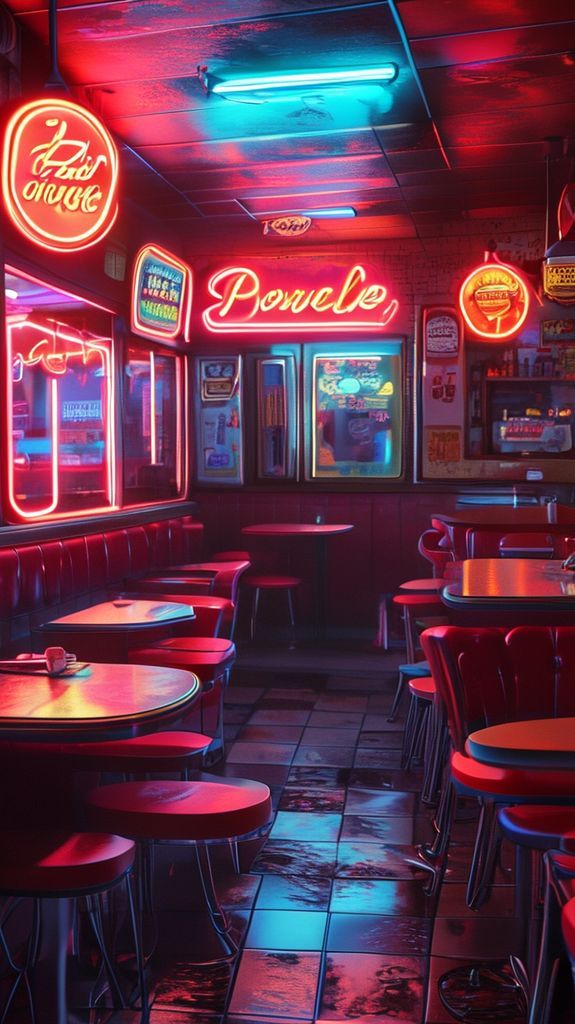 Tropical Diner Neon Signs Chrome Photorealistic Wallpaper