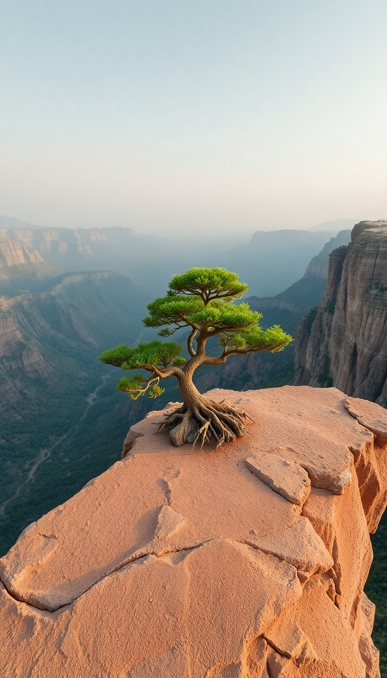 Bonsai Tree Cliff Edge Overlooking Valley Minimalist Plus Wallpaper