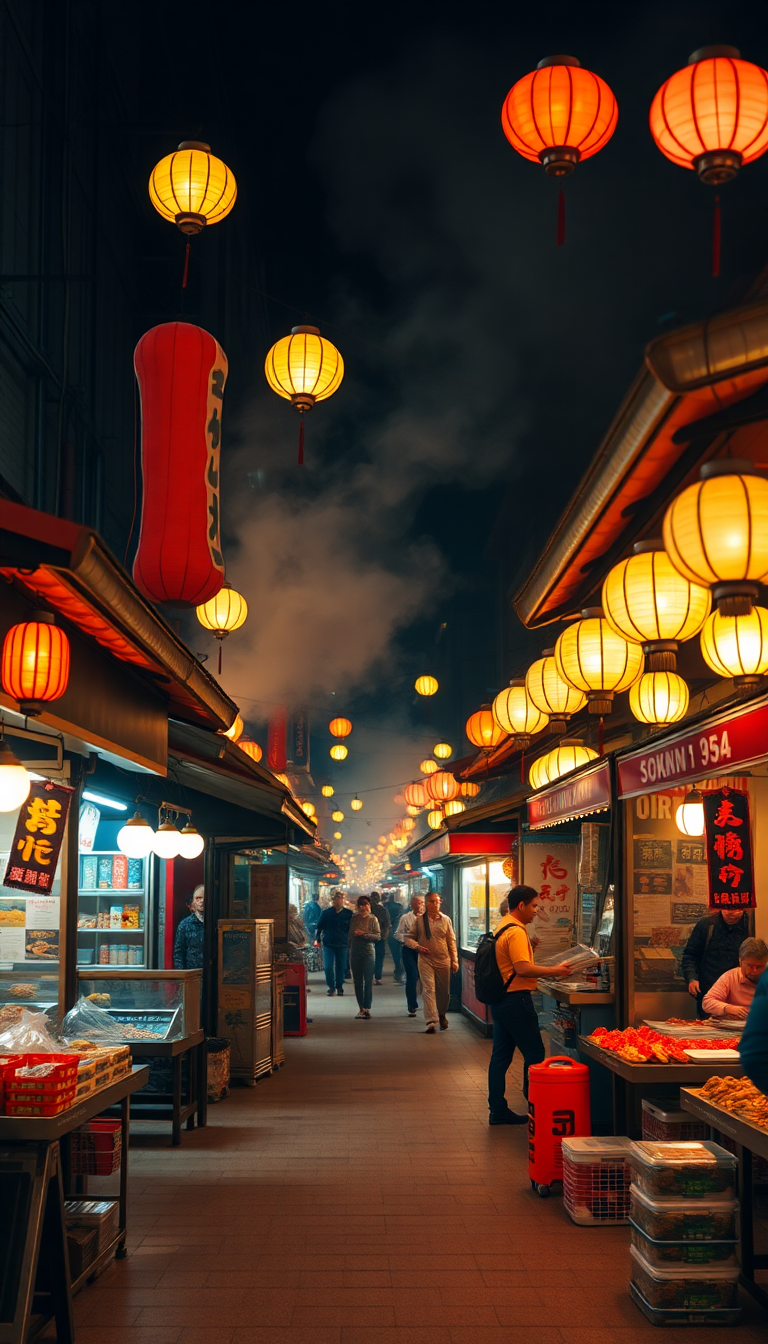 Eternal Night Street Stalls Lanterns Photorealistic Wallpaper