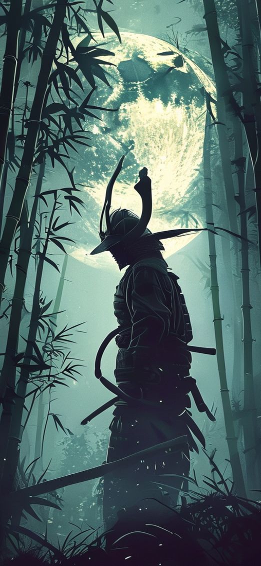 Samurai Silhouette Moonlit Pristine Classic Wallpaper