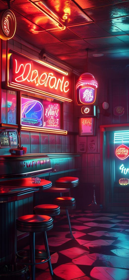 Retro Diner Neon Signs Chrome Photorealistic Wallpaper