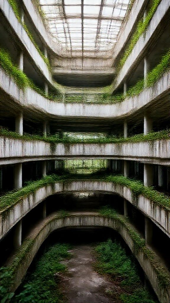Abandoned Shopping Mall Nature Reclaiming Photorealistic Wallpaper