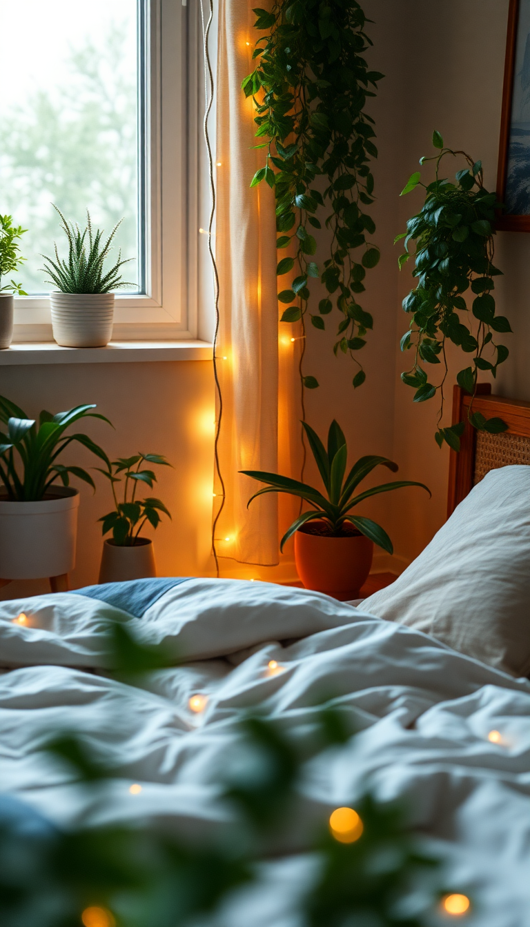 Indie Bedroom Fairy Lights Plants Photorealistic Wallpaper