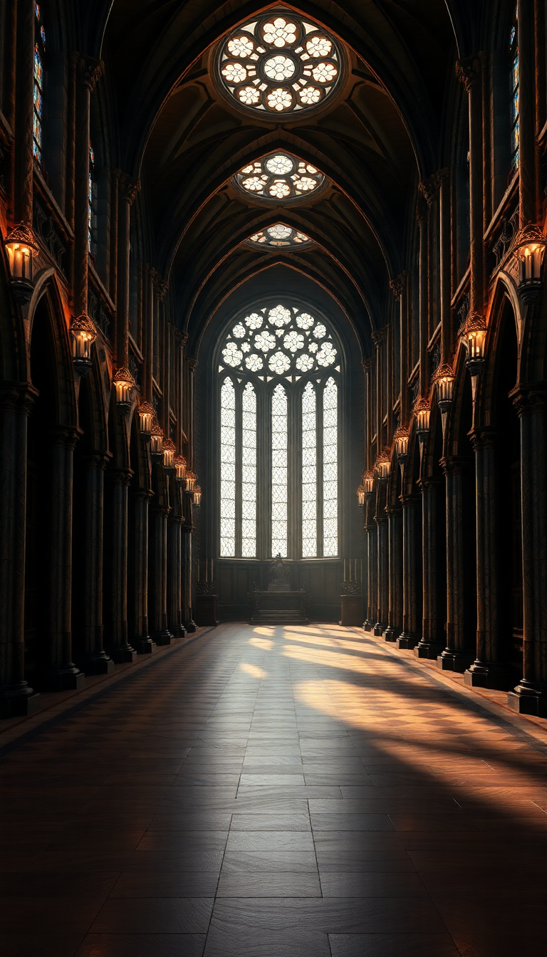 Gothic Cathedral Interior Candlelight Shadows Photorealistic Wallpaper
