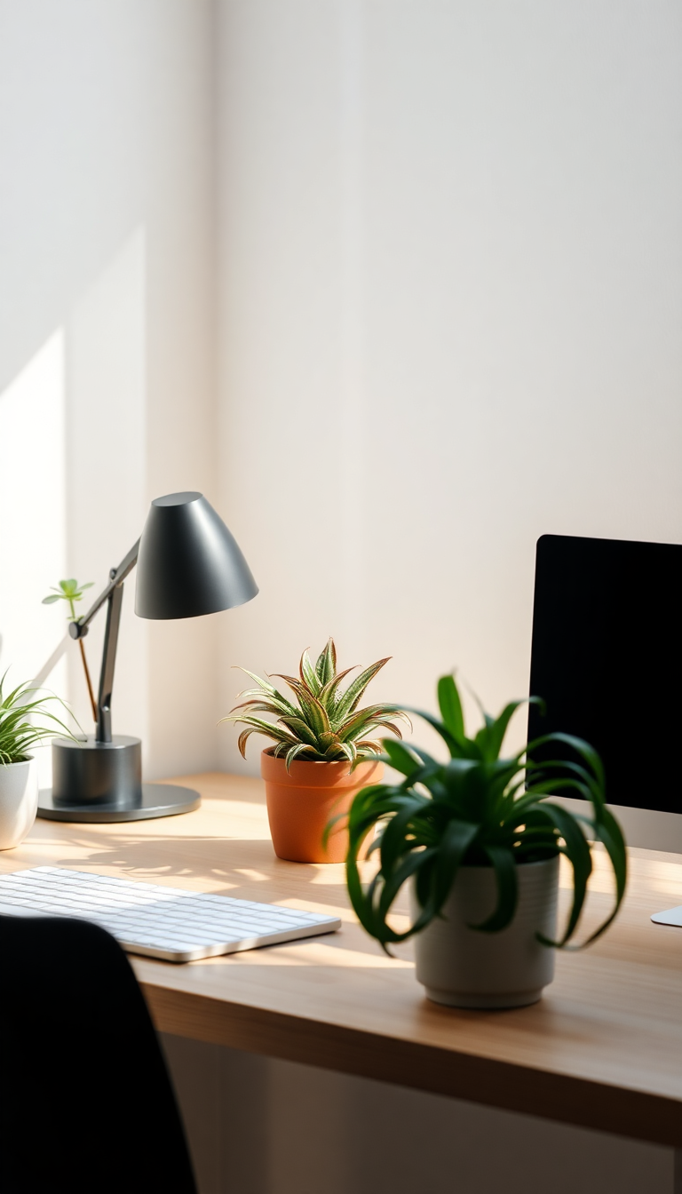 Minimalist Desk Setup Plants Morning Photorealistic Wallpaper