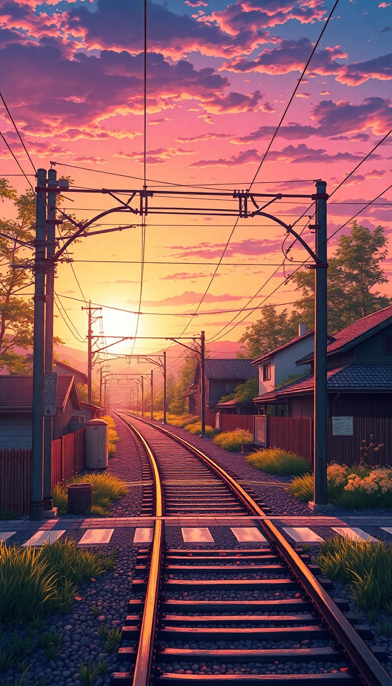 Train Crossing Rural Japan Sunset Anime Wallpaper