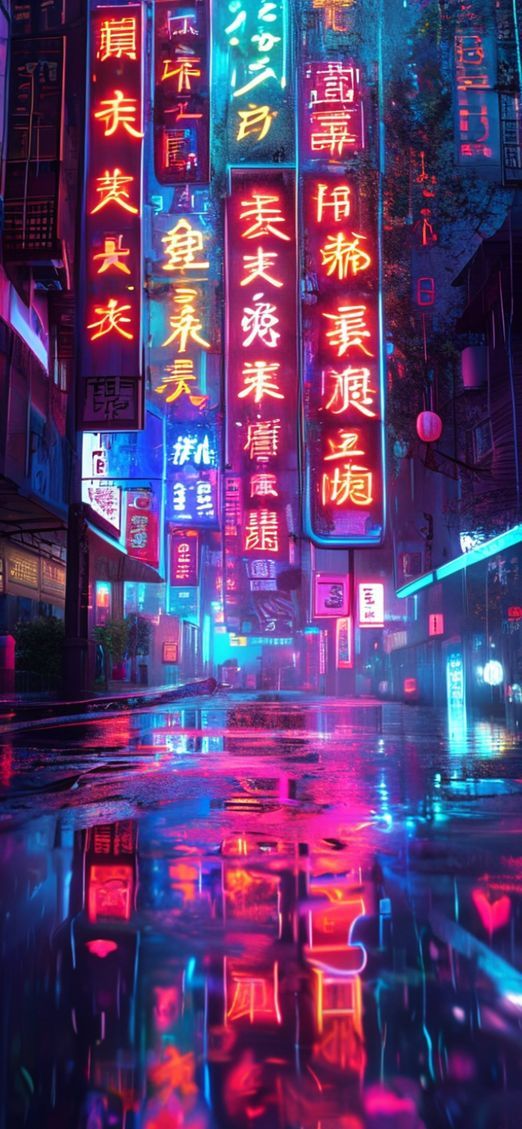 Neon Signs Chinese Characters Rain Digital art Wallpaper